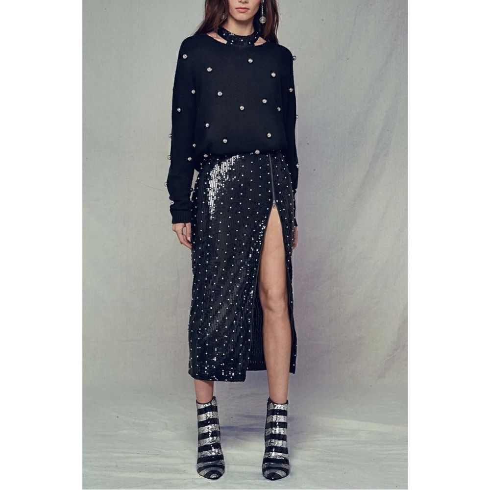 Alice and Olivia Gleeson Metal Ball Oversized Pullover Sweater Black Sz S